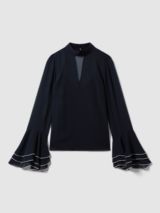 FLORERE High Neck Contrast Trim Fluted Cuff Blouse, Navy