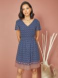 Mela London Floral Print Border Skater Dress, Navy