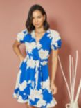 Yumi Mela London Blossom Print Skater Mini Wrap Dress, Blue/Multi