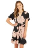 Mela London Blossom Wrap Dress Puff Sleeves Mini Dress, Black/Pink