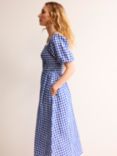 Boden Sky Smocked Linen Midi Dress, Blue Gingham