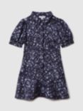Reiss Kids' Joanne Floral Print Contrast Stitch Dress, Navy