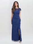 Gina Bacconi Cecilia Maxi Dress Embroidered Illusion Neckline, Navy