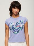 Superdry Floral Scripted Cap Sleeve T-Shirt, Violet Marl