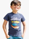 Frugi Kids' Avery Organic Cotton Shark Applique T-Shirt, Navy