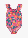 Frugi Kids' Amelia Oranges Print Ruffle Swimsuit, Orange Blossom/Pink
