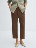 Mango Linen Cropped Trousers, Medium Brown