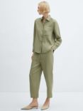 Mango Linen Cropped Trousers, Green