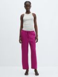 Mango Linen Cropped Trousers, Bright Pink