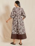 Albaray Cut Out Organic Cotton Midi Floral Dress, Brown/White