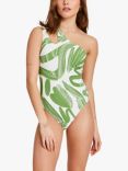 Accessorize Squiggle Print One Shoulder Swimsuit, Olive Green/White