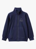 Benetton Kids' Logo Zip Through Rib Collar Sweatshirt, Night Blue