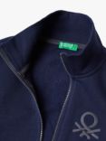 Benetton Kids' Logo Zip Through Rib Collar Sweatshirt, Night Blue