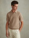 Reiss Burnham Textured Zip Neck Polo Shirt, Taupe