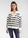 Hobbs Danica Striped Cotton Lace-Up Neck Jumper, Ivory/Navy