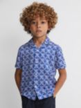 Reiss Kids' Tintipan Floral Geometric Print Cuban Collar Shirt, Bright Blue/White