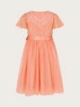 Monsoon Kids' Embroidered Floral Chevron Sequin Tulle Occasion Dress, Coral