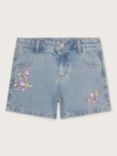 Monsoon Kids' Floral Embroidered Denim Shorts, Blue
