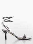 Mango Paula Snake Effect Ankle Strap Sandals, Silver