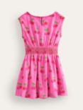 Mini Boden Kids' Cherry Print Shirred Waist Jersey Dress, Pink
