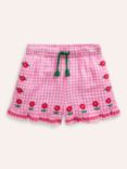 Mini Boden Kids' Floral Embroidered Frill Hem Woven Shorts, Pink/Ivory Gingham