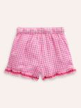 Mini Boden Kids' Floral Embroidered Frill Hem Woven Shorts, Pink/Ivory Gingham
