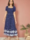 Mela London Spot Floral Border Ruched Midi Dress, Navy