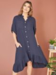 Yumi Linen Frill Hem Shirt Dress, Navy