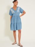 Monsoon Lacy Embroidery Detail Tiered Dress, Denim Blue