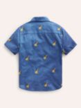 Mini Boden Kids' Giraffe Embroidered Linen Blend Short Sleeve Shirt, Chambray