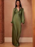 Rewritten Valencia Long Sleeve Bias Cut Satin Maxi Dress, Olive Green