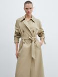Mango Double Breasted Longline Cotton Trench Coat, Beige