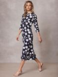 Mint Velvet Floral Print Ruffle Hem Midi Dress, Navy/White