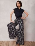 Mint Velvet Floral Print Wide Leg Trousers, Navy/Cream