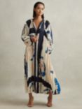 Reiss Daiya Placement Print Pleated Maxi Dress, Blue/Multi