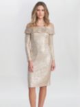 Gina Bacconi Anthea Off The Shoulder Sequin Knee Length Dress, Taupe