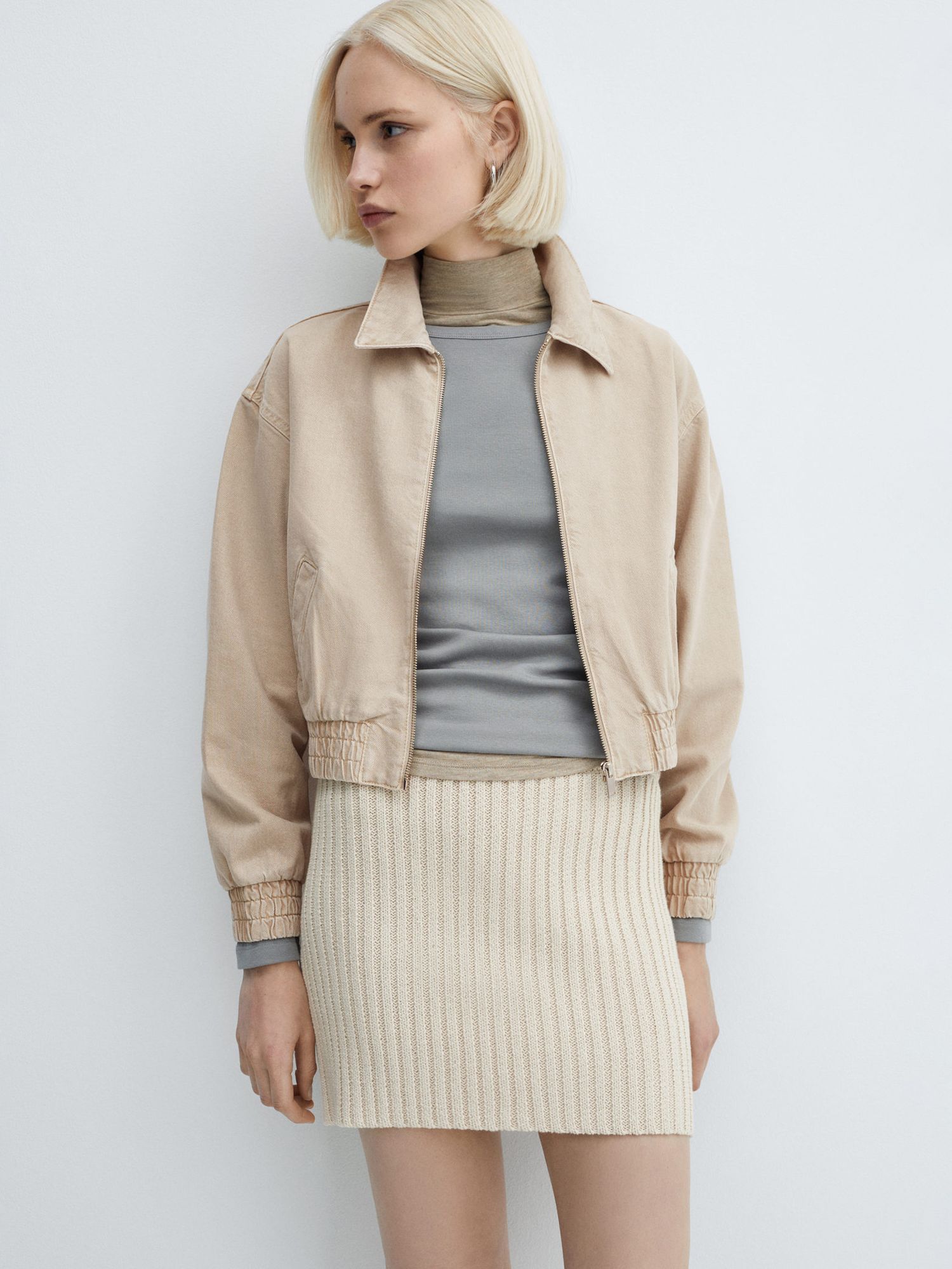 Mango Blake Denim Bomber Jacket, Light Pastel Brown at John