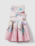 Reiss Kids' Marti Knotted Floral Print Scuba Dress, Pink/Multi