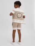 Reiss Kids' Bowler Back Graphic Press Stud Shirt, Taupe/Optic White