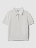 Reiss Kids' Burnham Half Zip Textured Polo Shirt, Optic White