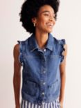 Boden Ruffle Sleeve Denim Waistcoat, Mid Vintage Blue