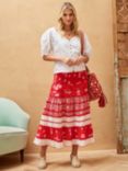 Brora Cotton Silk Blend Ric Rac Patchwork Midi Skirt, Crimson/White