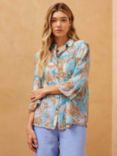 Brora Silk Cotton Blend Pintuck Blouse, Ocean/Multi