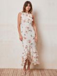 Mint Velvet Floral Print Ruffle Detail Midi Dress, Cream/Multi