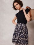 Mint Velvet Floral Print Scallop Hem Tiered Mini Skirt, Navy/Beige