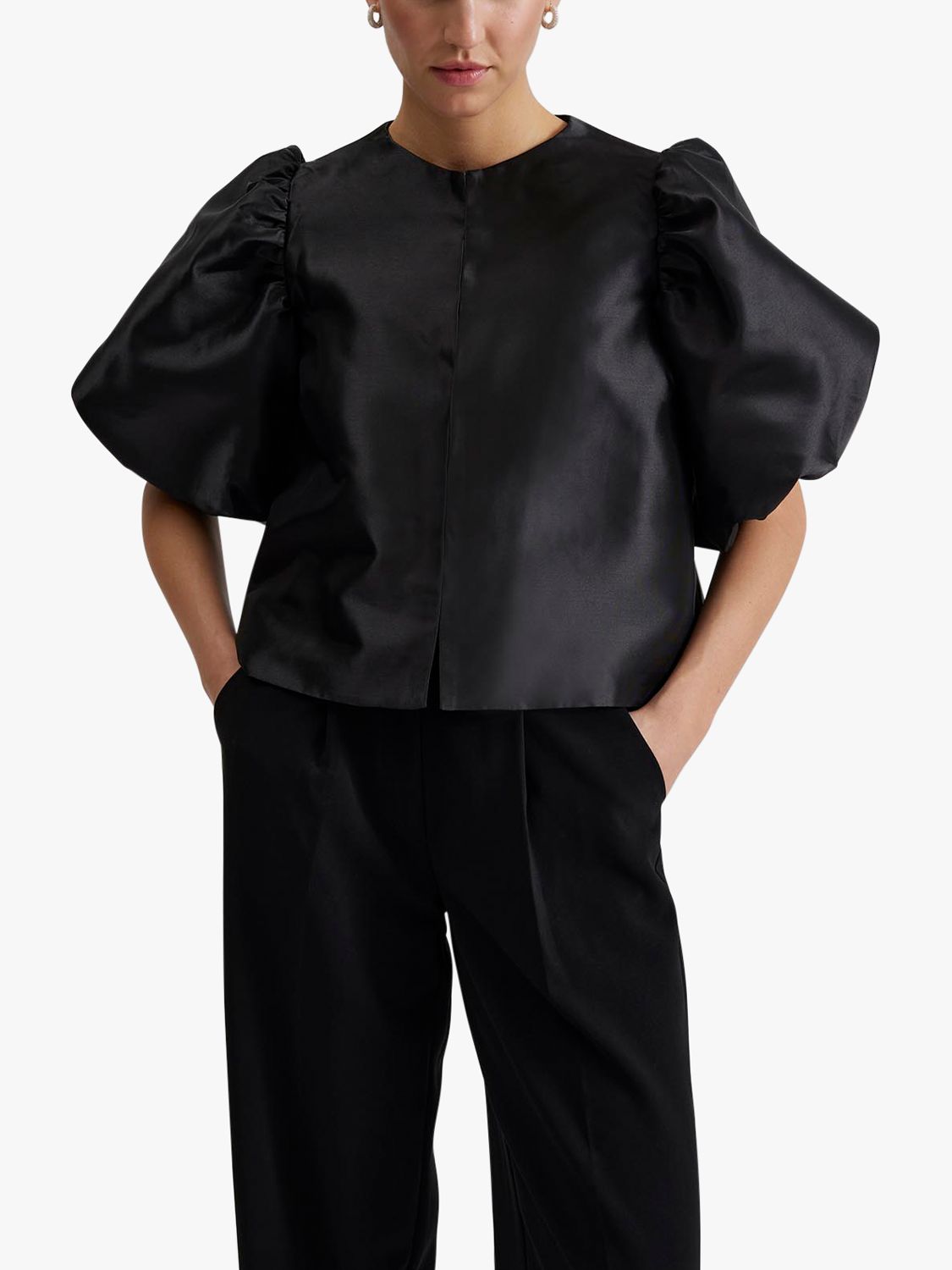 Malina Cleo Overside Puff Sleeve Top, Black at John Lewis & Partners