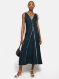 Jigsaw Linen Sleeveless Piped Dress, Navy