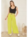 Yumi Italian Linen Striped Wide Leg Trousers & Belt, Lime