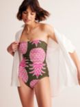 Boden Milos Smocked Bandeau Pineapple Swimsuit, Winter Moss/Pop