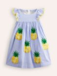 Mini Boden Kids' Flutter Pinapple Stripe Dress, Blue/Ivory